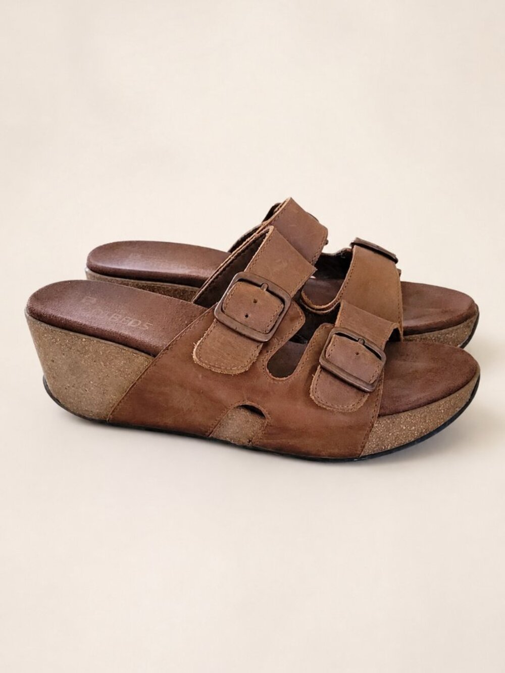 White Mountain Leather Platform Sandals Womens 9M Brown Double Buckle Cork Wedge